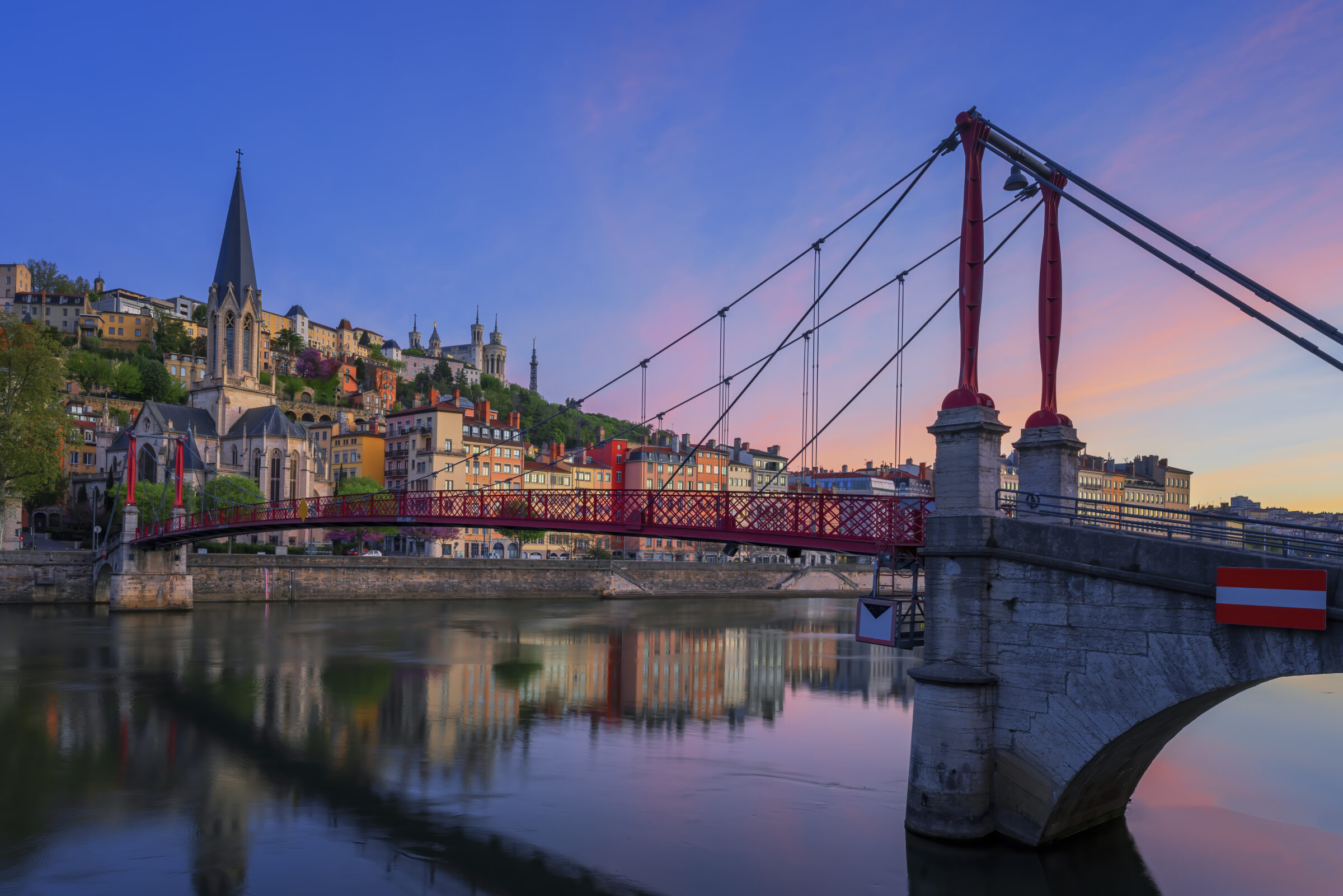 Famous red footbridge in the morning, Lyon